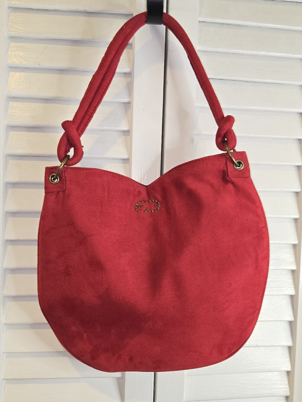 Vintage ESCADA Parfums Red Faux Suede Hobo Shoulder Bag Studded Logo Knot Strap